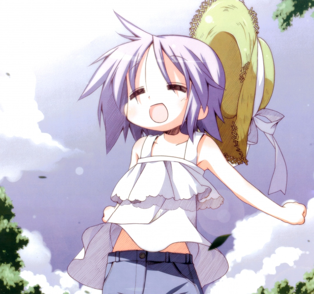 breeze, yoshimizu kagami, hiiragi tsukasa, lucky star, lucky star ~ryouou gakuen outousai~, ryouou gakuen outousai, non-web source, official art, 00s, 1girl, = =, armpits, blouse, clenched hand, clenched hands, closed eyes, cloud, day, denim, denim shorts, female focus, happy, hat, leaf, midriff, nature, outdoors, purple hair, shirt, short hair, shorts, sky, solo, straw hat, wind, wind lift