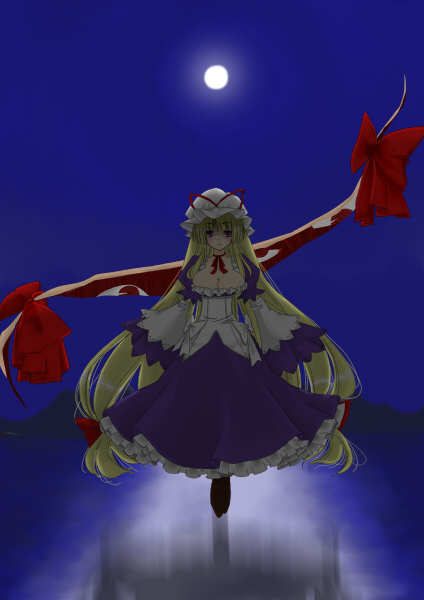 nishino miyuki, yakumo yukari, touhou, 1girl, blonde hair, blush, bow, breasts, cleavage, dress, female focus, frilled dress, frills, gap (touhou), hair bow, hat, large breasts, long hair, purple eyes, ribbon, solo