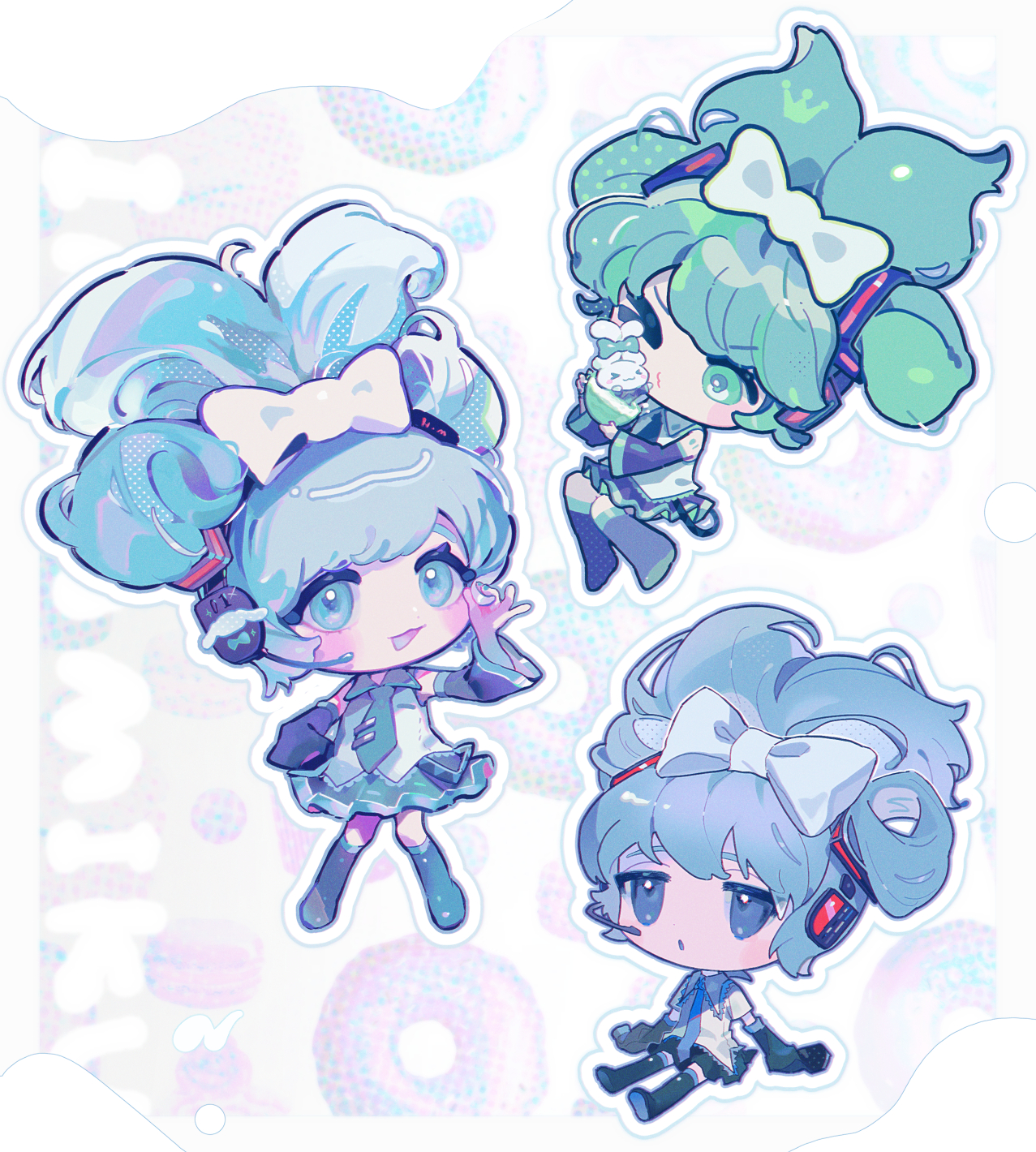 mawarusanso, cinnamiku, cinnamoroll, hatsune miku, fuwa fuwa cinnamoroll, sanrio, vocaloid, commentary request, highres, 1girl, black boots, blue eyes, boots, bow, chibi, chibi only, cinnamiku hairstyle, detached sleeves, full body, headset, jitome, kiss, long hair, multiple views, necktie, one eye closed, open mouth, pursed lips, sleeves past fingers, sleeves past wrists, twintails, white bow