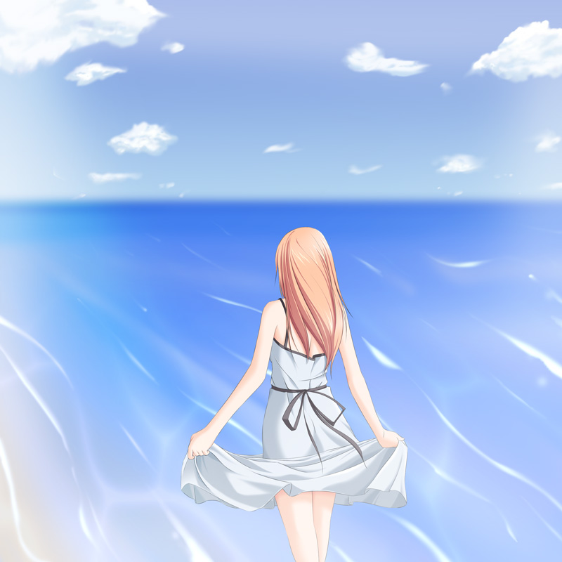 amicis, original, 1girl, back, bare shoulders, beach, bikini, blonde hair, clothes lift, cloud, day, dress, dress lift, female focus, long hair, ocean, outdoors, sky, solo, sundress, swimsuit