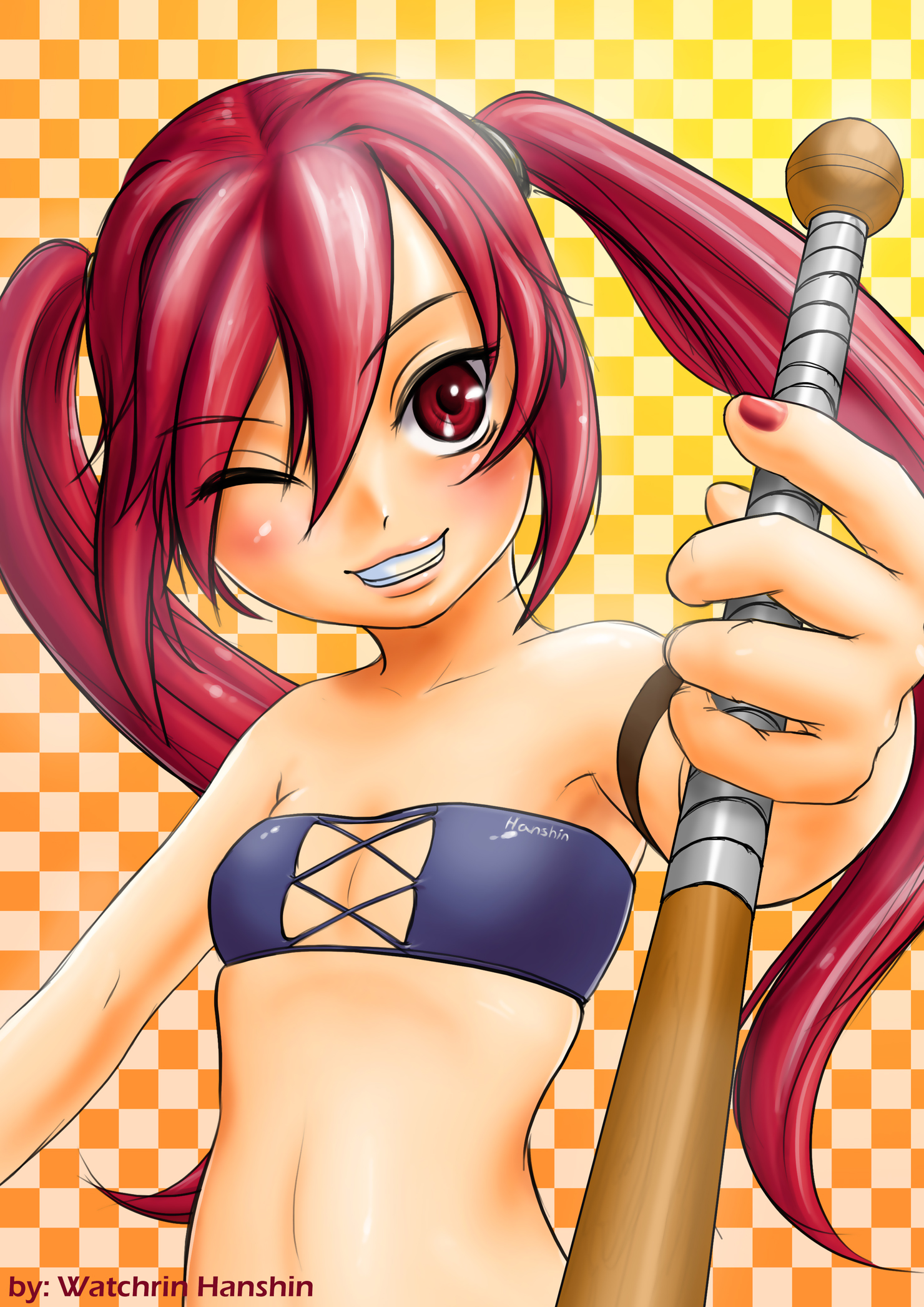 watchrin hanshin, kooh (pangya), pangya, highres, 1girl, bandeau, bare shoulders, baseball bat, female focus, flat chest, long hair, midriff, one eye closed, red eyes, red hair, smile, solo, strapless, tube top, twintails, wink