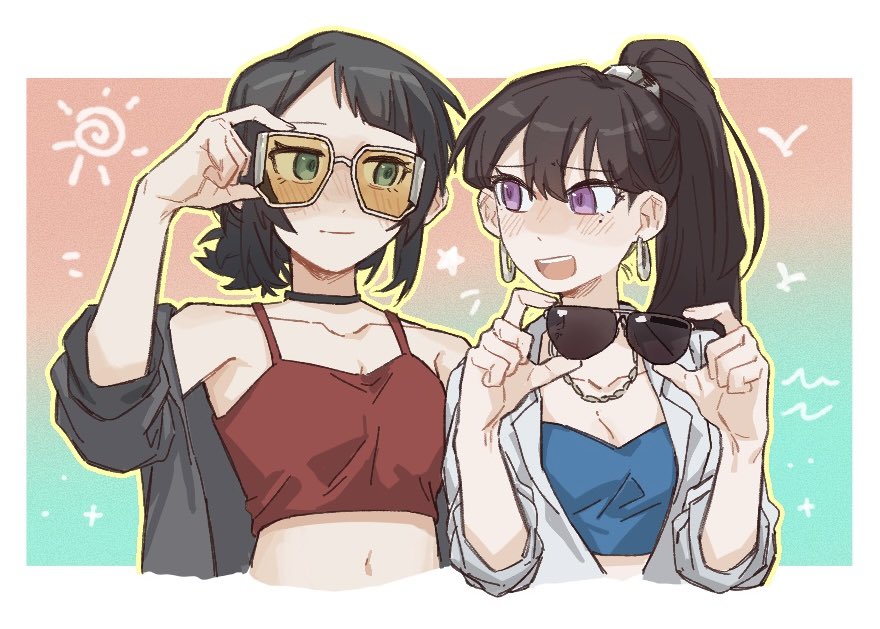 criangle k., shiina taki, yahata umiri, bang dream!, bang dream! it's mygo!!!!!, commentary, 2girls, black choker, black hair, black jacket, blush, breasts, camisole, choker, cleavage, collarbone, earrings, jacket, jewelry, long hair, midriff, multiple girls, open mouth, ponytail, purple eyes, red camisole, short hair, short ponytail, sunglasses, white jacket