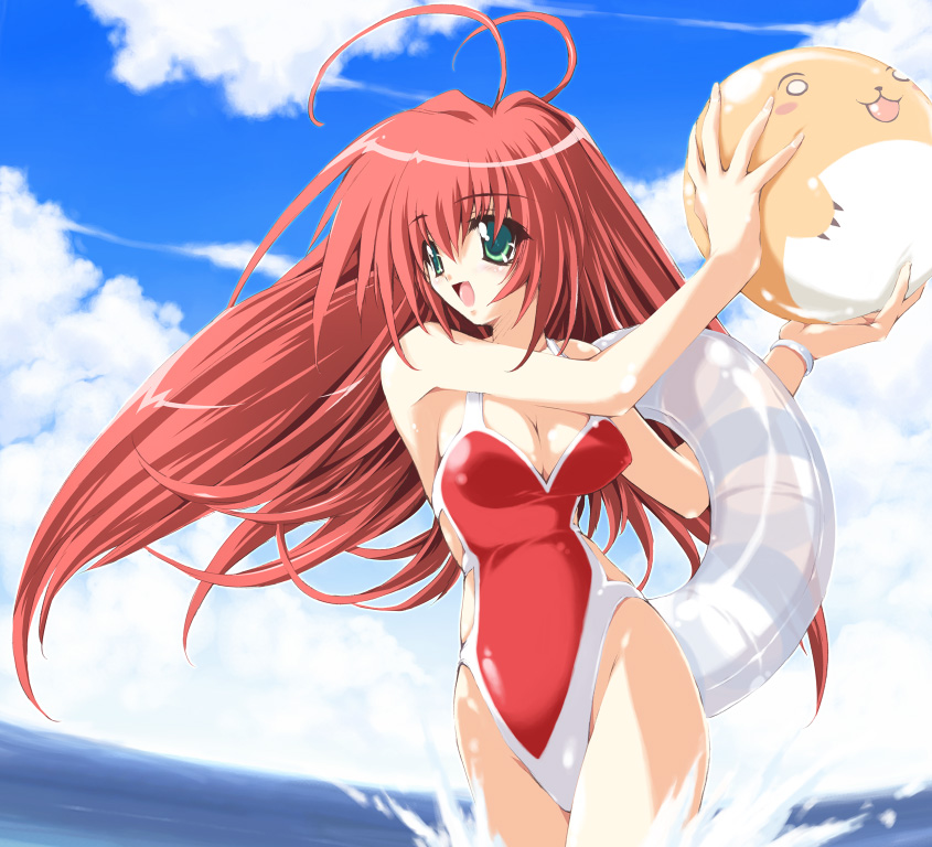 mitsuki mantarou, 1girl, ball, beachball, breasts, casual one-piece swimsuit, cleavage, cowboy shot, day, female focus, green eyes, innertube, large breasts, long hair, one-piece swimsuit, outdoors, red hair, solo, swim ring, swimsuit, wading, water