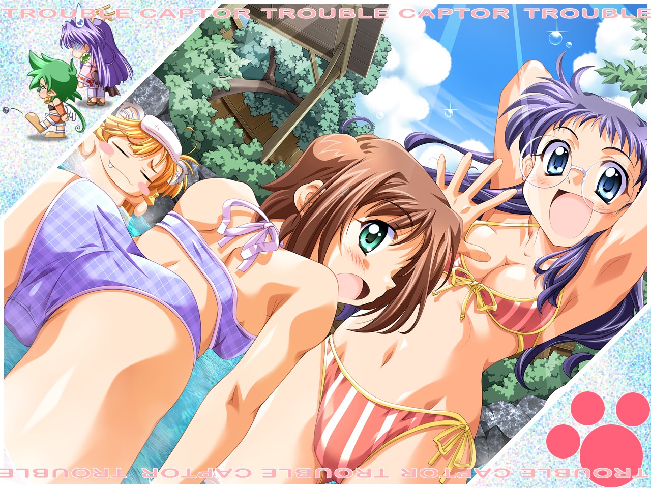 takeya masami, hinomiya natsuha, mitsuba (torakapu!), ogishima kayo, ouki (torakapu!), shizuna (torakapu!), torakapu!, non-web source, 5girls, :d, = =, armpits, arms up, ass, bikini, blonde hair, blue eyes, blush, breasts, brown hair, checkered bikini, checkered clothes, chibi, cleavage, day, dutch angle, fang, front-tie top, glasses, green eyes, green hair, long hair, looking back, medium breasts, multiple girls, navel, onsen, open mouth, outdoors, photo (object), plaid bikini, plaid clothes, purple hair, short hair, side-tie bikini bottom, smile, striped bikini, striped clothes, swimsuit, wading