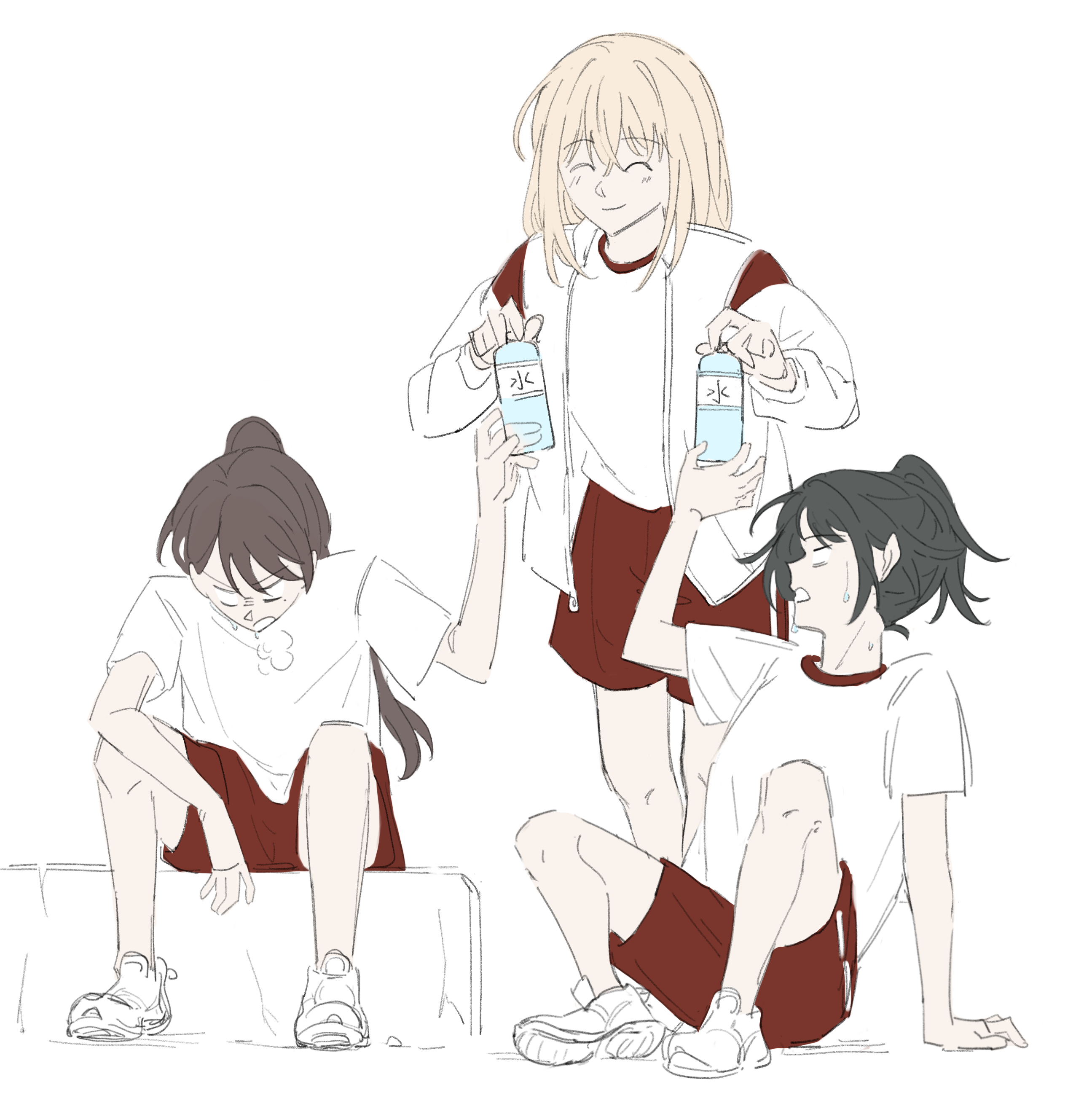 omo cccc, misumi uika, shiina taki, yahata umiri, bang dream!, bang dream! it's mygo!!!!!, absurdres, chinese commentary, commentary request, highres, 3girls, ^ ^, black hair, blonde hair, blush, bottle, closed eyes, closed mouth, gym uniform, holding, holding bottle, long hair, medium hair, mole, mole under eye, multiple girls, open mouth, red shorts, shirt, shoes, shorts, sitting, sweatdrop, white shirt, white shoes