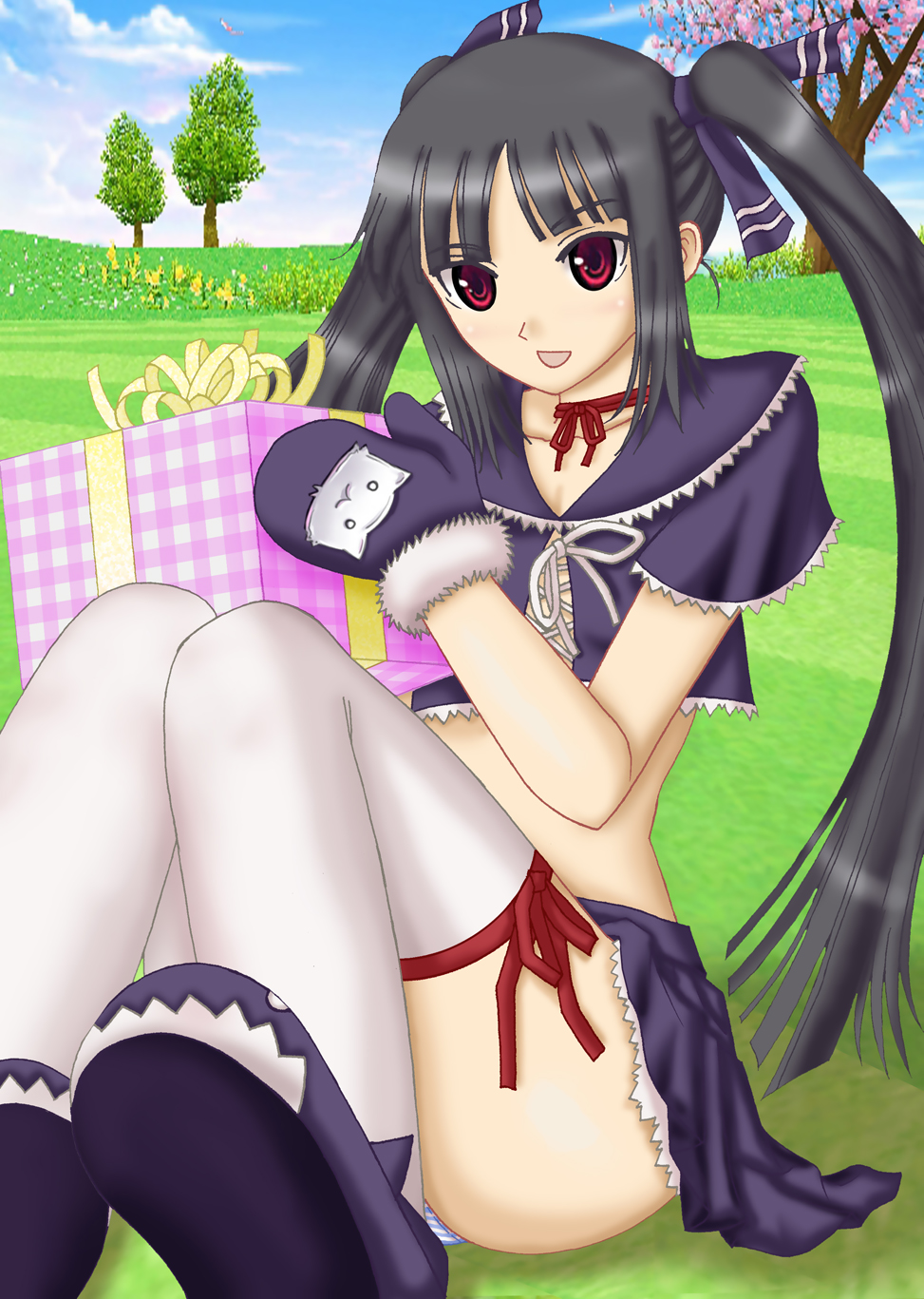 kooh (pangya), pangya, artist request, highres, 1girl, black hair, female focus, gift, gloves, long hair, panties, red eyes, ribbon, skirt, socks, solo, striped clothes, striped panties, thighhighs, thighs, twintails, underwear
