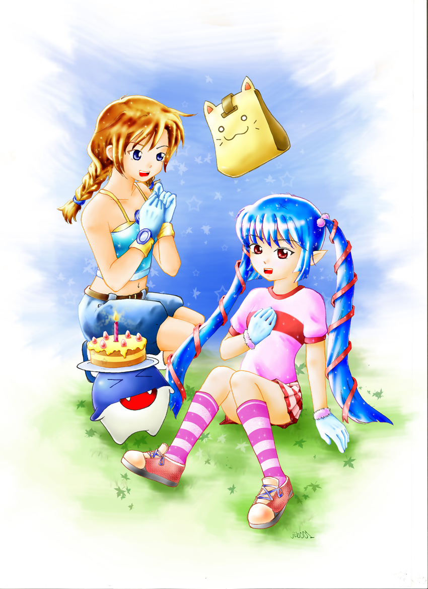 dolfini (pangya), kooh (pangya), papel (pangya), pippin (pangya), pangya, striped legwear, > <, 2girls, :3, animal ears, belt, birthday cake, blue hair, braid, brown hair, cake, closed eyes, floating, food, gloves, hair ribbon, hand on own chest, kneeling, long hair, looking at another, midriff, multiple girls, navel, open mouth, pastry, red eyes, ribbon, shirt, shoes, short sleeves, shorts, sitting, skirt, socks, standing, star (symbol), striped clothes, striped socks, twin braids, twintails, white gloves