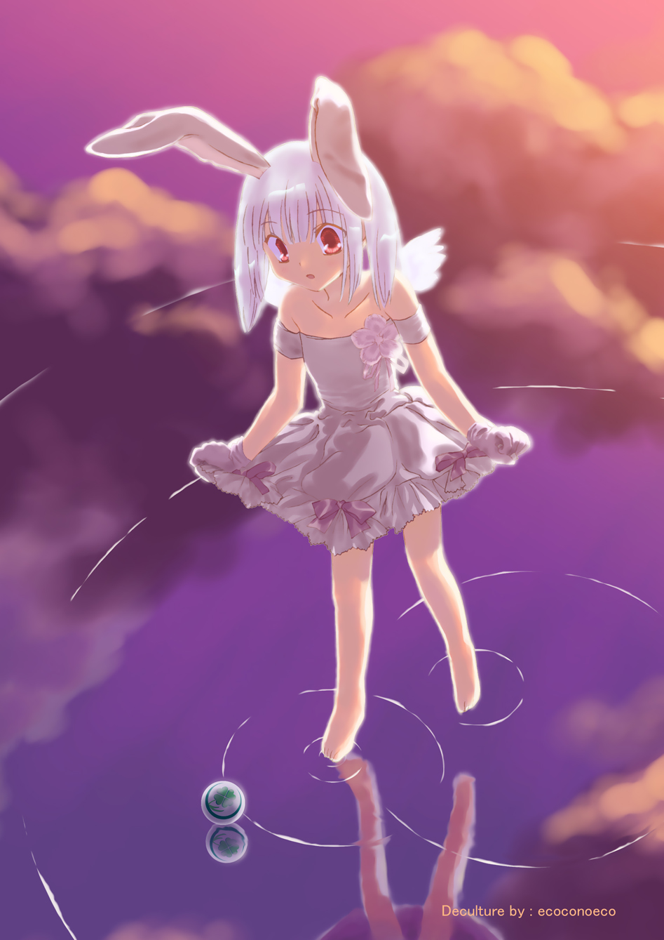kooh (pangya), pangya, highres, animal ears, ball, dress, long hair, rabbit ears, red eyes, solo, twintails, water, white hair, wings