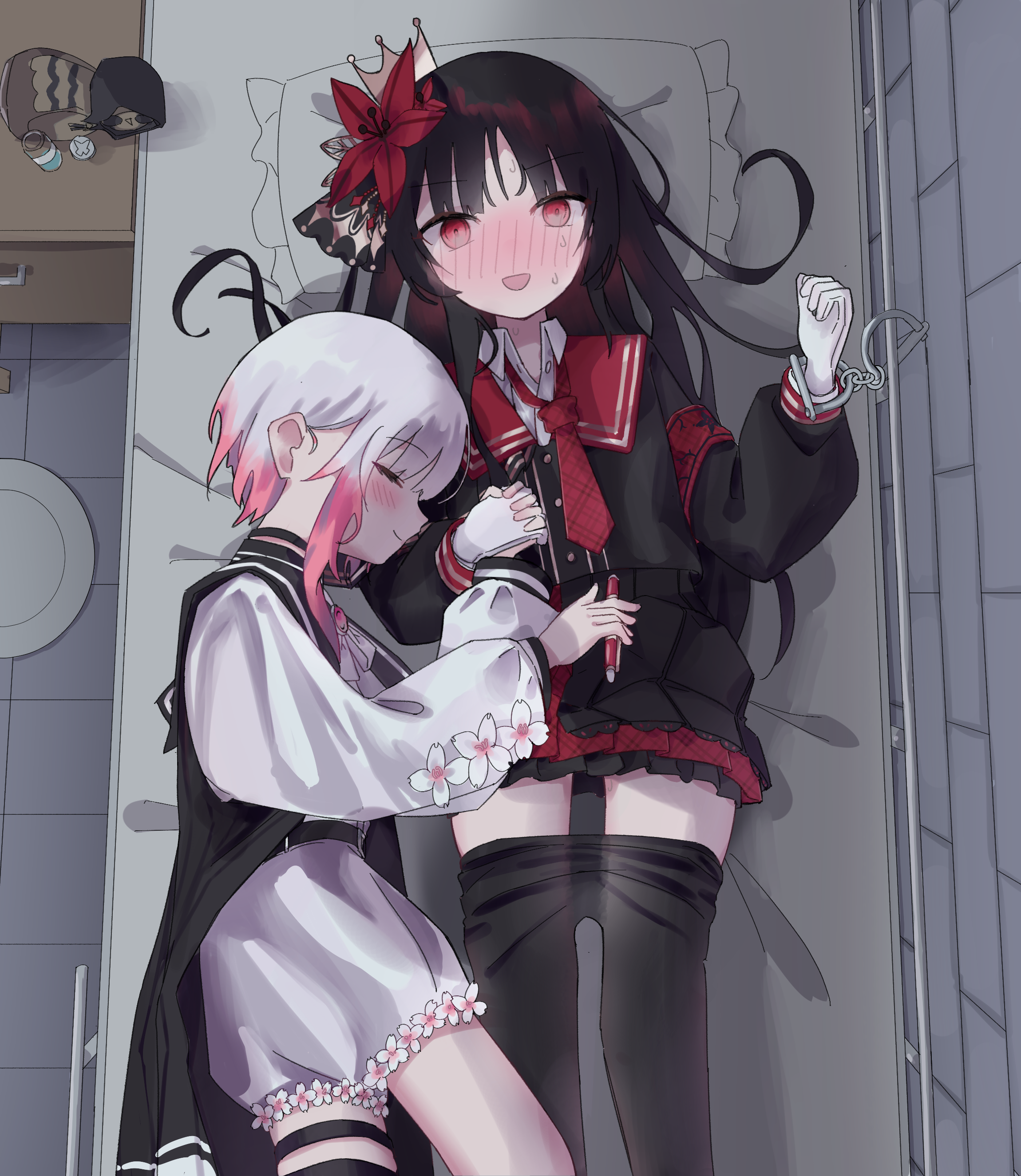 foopy, nikaidou hiro, sakuraba ema, mahou shoujo no majo saiban, absurdres, commentary, highres, 2girls, black coat, black hair, black pantyhose, black shirt, black skirt, blush, closed eyes, closed mouth, clothes pull, coat, cuddling, cuffs, flower, from above, gloves, gradient hair, hair flower, hair ornament, handcuffs, holding, holding hands, holding pen, interlocked fingers, long hair, magical girl, multicolored hair, multiple girls, on bed, open mouth, pantyhose, pantyhose pull, pen, pillow, pink hair, red eyes, red flower, shirt, shorts, skirt, sleeping, smile, sweat, white flower, white gloves, white hair, white shorts, yuri