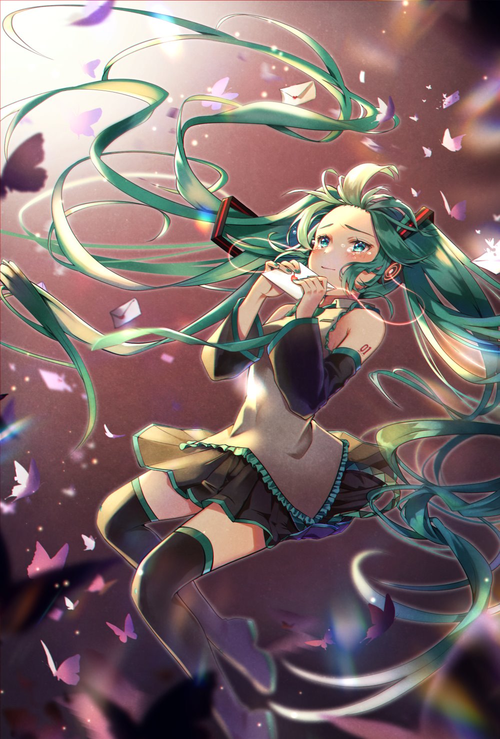 kyashii (a3yu9mi), hatsune miku, vocaloid, highres, 1girl, arm tattoo, black skirt, blush, boots, closed mouth, collared shirt, detached sleeves, forehead, green eyes, green hair, green nails, green necktie, green trim, grey shirt, hair between eyes, hair ornament, headset, holding, holding letter, letter, long hair, long sleeves, necktie, number tattoo, pleated skirt, shirt, skirt, sleeveless, smile, solo, tattoo, thigh boots, very long hair, wide sleeves