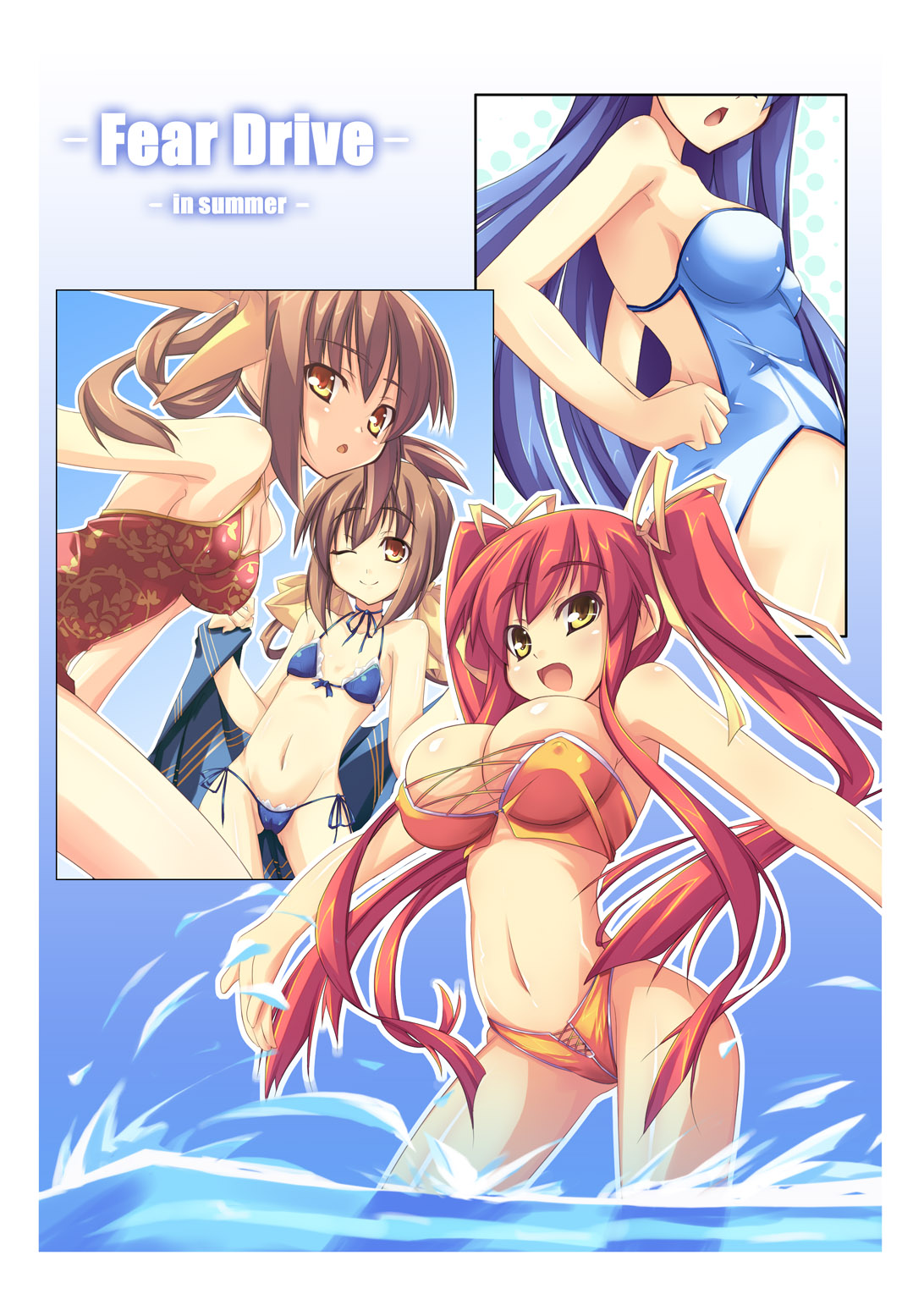 highres, 4girls, bikini, blue hair, breasts, brown hair, cameltoe, cleavage, covered erect nipples, flat chest, large breasts, long hair, multiple girls, open mouth, red hair, smile, swimsuit, twintails, water, wink, yellow eyes