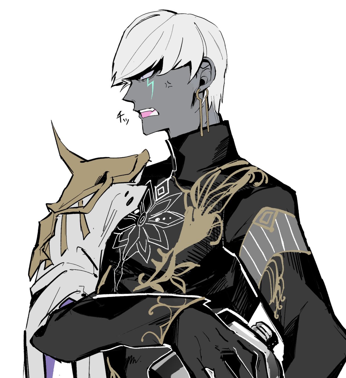 mi soxxx10, indra (fate), fate/grand order, fate (series), highres, 1boy, anger vein, armor, black gloves, black shirt, colored sclera, colored skin, earrings, flask, gloves, grey sclera, grey skin, hip flask, holding, holding flask, jewelry, lightning bolt facial mark, pauldrons, profile, shirt, short hair, shoulder armor, simple background, single pauldron, solo, upper body, white background, white hair