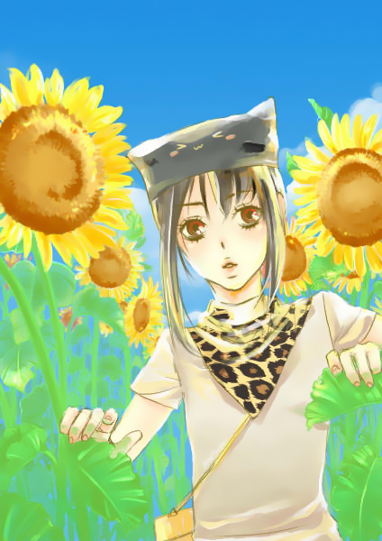 kooh (pangya), pangya, black hair, flower, hat, red eyes, solo, sunflower