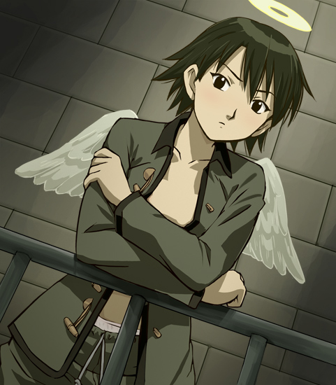 haruyama kazunori, kana (haibane renmei), haibane renmei, 00s, 1girl, androgynous, angel wings, black eyes, chinese clothes, female focus, green hair, halo, no bra, open clothes, open shirt, panties, railing, reverse trap, shirt, short hair, solo, tangzhuang, toggles, traditional halo, underwear, wings