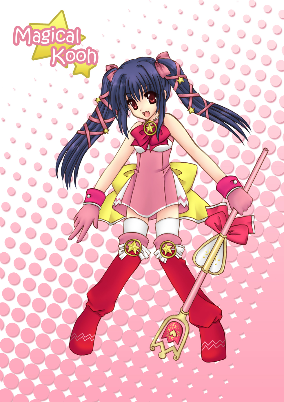kooh (pangya), pangya, highres, black hair, boots, gloves, long hair, magical girl, red eyes, ribbon, star (symbol), twintails