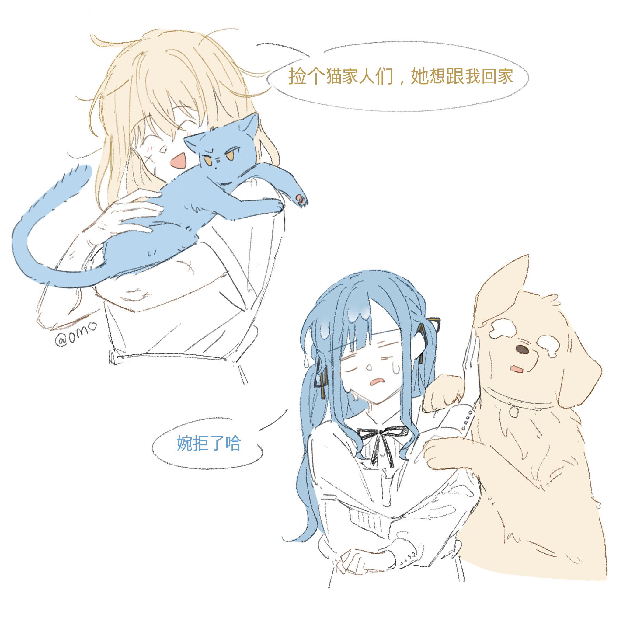 omo cccc, misumi uika, togawa sakiko, bang dream!, bang dream! it's mygo!!!!!, chinese commentary, commentary request, highres, 2girls, animal, animalization, black ribbon, blonde hair, blue hair, cat, dog, hair ribbon, holding, holding animal, holding cat, injury, long sleeves, medium hair, multiple girls, open mouth, ribbon, shirt, sidelocks, simple background, white background