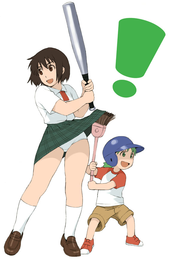 jinroku, ayase fuuka, koiwai yotsuba, yotsubato!, 2girls, baseball bat, clothes lift, multiple girls, panties, pantyshot, skirt, skirt lift, thick eyebrows, underwear, white panties