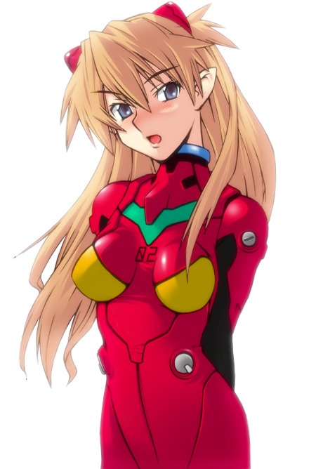 souryuu asuka langley, neon genesis evangelion, light brown hair, non-web source, 1girl, :o, arms behind back, backlighting, blue eyes, blush, bodysuit, breasts, brown hair, cowboy shot, curvy, female focus, hair between eyes, hair ornament, head tilt, large breasts, long hair, looking at viewer, mecha pilot suit, nose blush, open mouth, plugsuit (evangelion), pointy ears, shiny clothes, simple background, solo, turtleneck, two side up, white background, wide hips