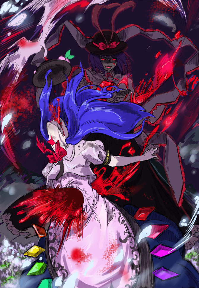 carrier (pixiv), hinanawi tenshi, nagae iku, touhou, 2girls, blood, blood from mouth, blood splatter, death, evil smile, female focus, food, fruit, guro, hat, head back, long hair, multiple girls, peach, puffy short sleeves, puffy sleeves, purple hair, rainbow order, red eyes, shirt, short hair, short sleeves, smile, very long hair, white shirt