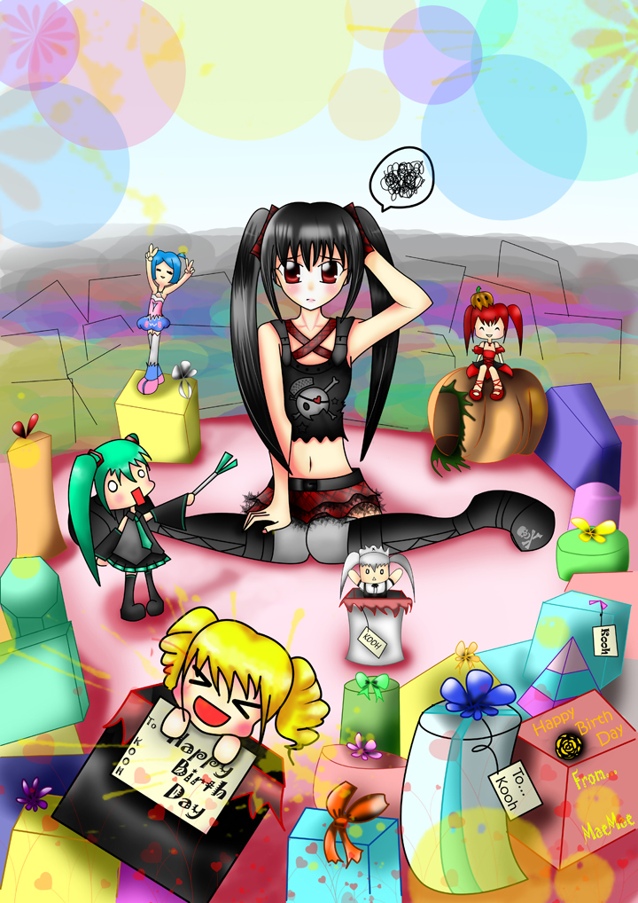 hachune miku, hatsune miku, kooh (pangya), zatsune miku, pangya, vocaloid, 6+girls, black hair, boots, chibi, multiple girls, red hair, socks, toy, twintails