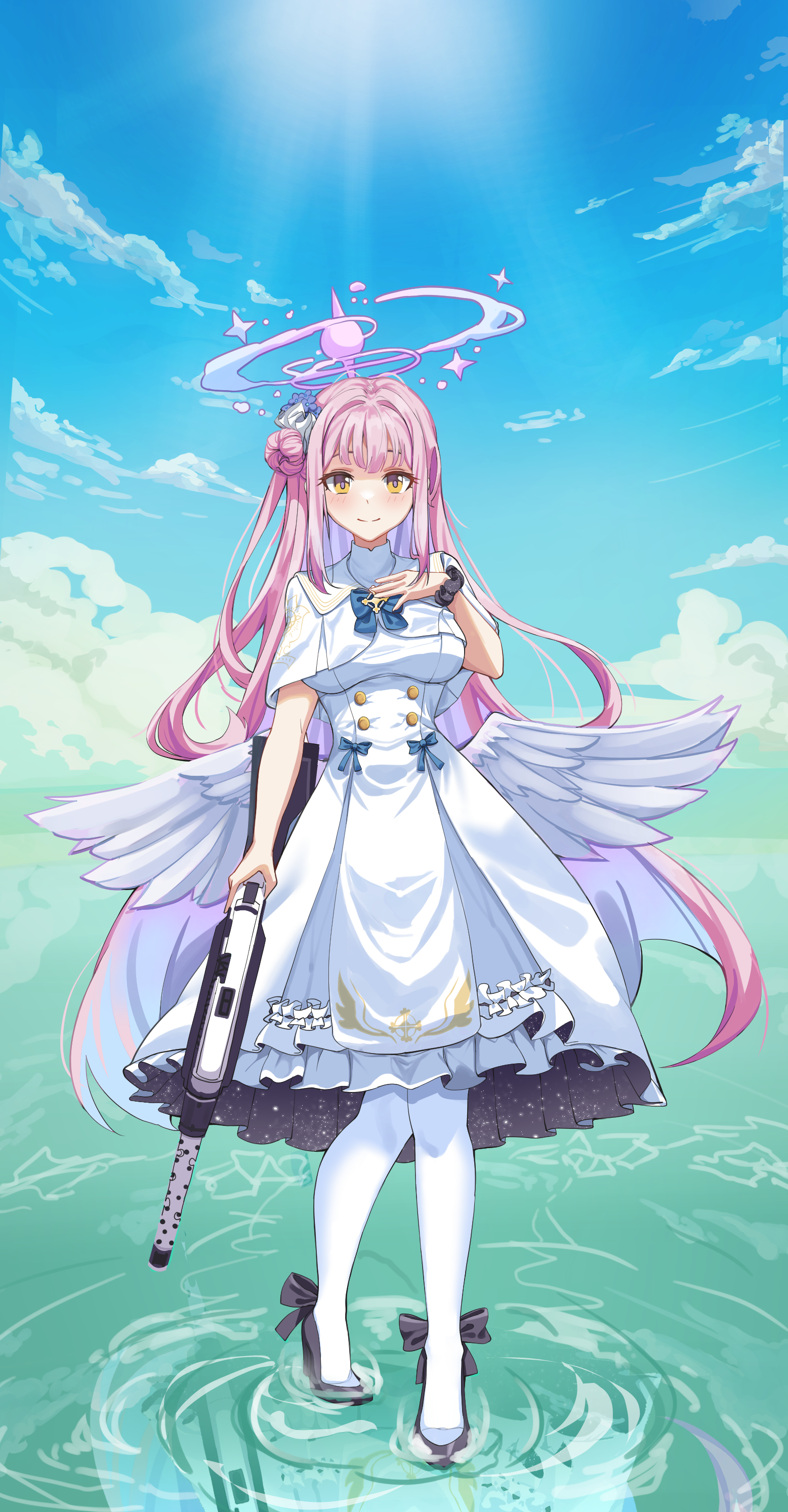 auk (auk518), mika (blue archive), blue archive, absurdres, highres, 1girl, angel wings, blue bow, blush, bow, buttons, capelet, closed mouth, double-breasted, dress, feathered wings, frilled dress, frills, full body, gun, hair bun, halo, high heels, holding, holding gun, holding weapon, long hair, low wings, pantyhose, pink hair, pink halo, pumps, scrunchie, single hair bun, single side bun, smile, solo, submachine gun, very long hair, weapon, white capelet, white dress, white overskirt, white pantyhose, white wings, wings, wrist scrunchie, yellow eyes