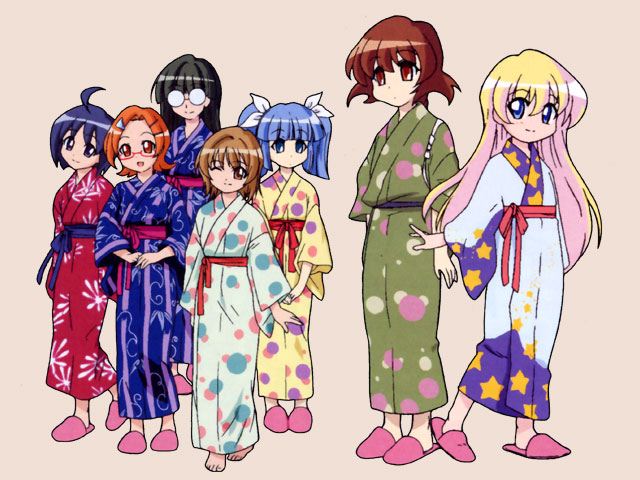 ichijou, katagiri himeko, momose kurumi, rebecca miyamoto, suzuki sayaka, tachibana rei, uehara miyako, pani poni dash!, non-web source, 00s, 6+girls, child, full body, glasses, japanese clothes, kimono, multiple girls, one eye closed, slippers, wink, yukata