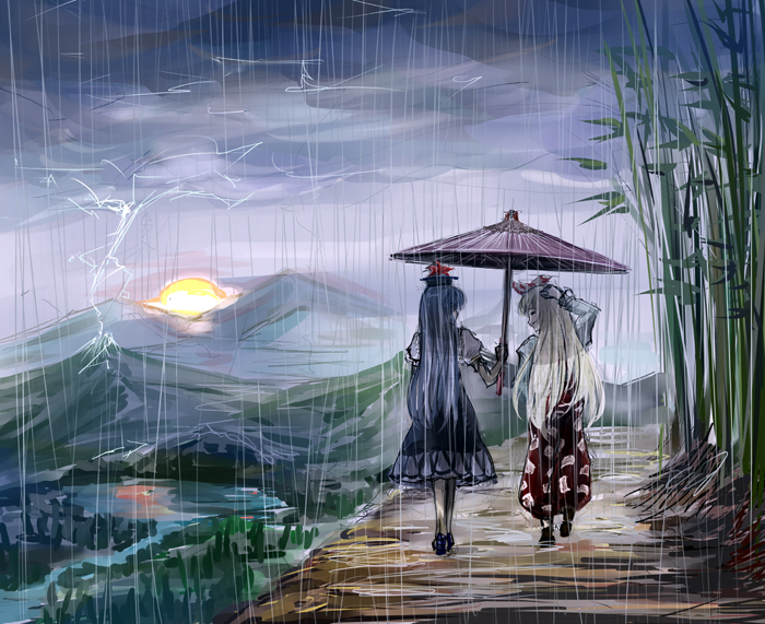rsk, fujiwara no mokou, kamishirasawa keine, touhou, light, 2girls, arm behind head, bamboo, bamboo forest, blue hair, cloud, dress, female focus, forest, hand on own head, hat, landscape, lightning, long hair, multiple girls, nature, ofuda, oil-paper umbrella, pants, rain, scenery, shared umbrella, sun, sunset, umbrella, walking, water, white hair