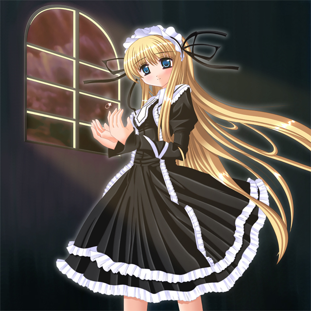 non-web source, blonde hair, blue hair, dress, frills, gothic lolita, jewelry, lolita fashion, long hair, ring, solo, window