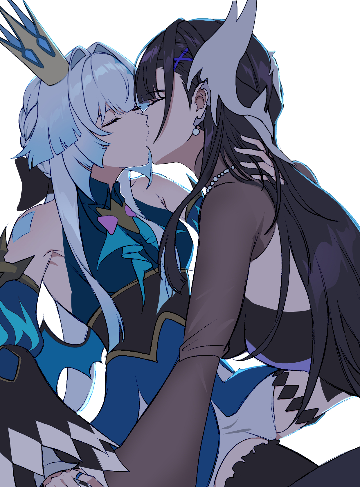 rokibent, cerydra (honkai: star rail), hysilens (honkai: star rail), honkai: star rail, honkai (series), commentary, highres, unfinished, 2girls, bare shoulders, black thighhighs, blue dress, blue hair, closed eyes, crown, detached sleeves, dress, earrings, french kiss, gradient hair, hand in another's hair, holding hands, jewelry, kiss, long hair, long sleeves, multicolored hair, multiple girls, necklace, purple hair, ring, simple background, thighhighs, white background, white hair, yuri