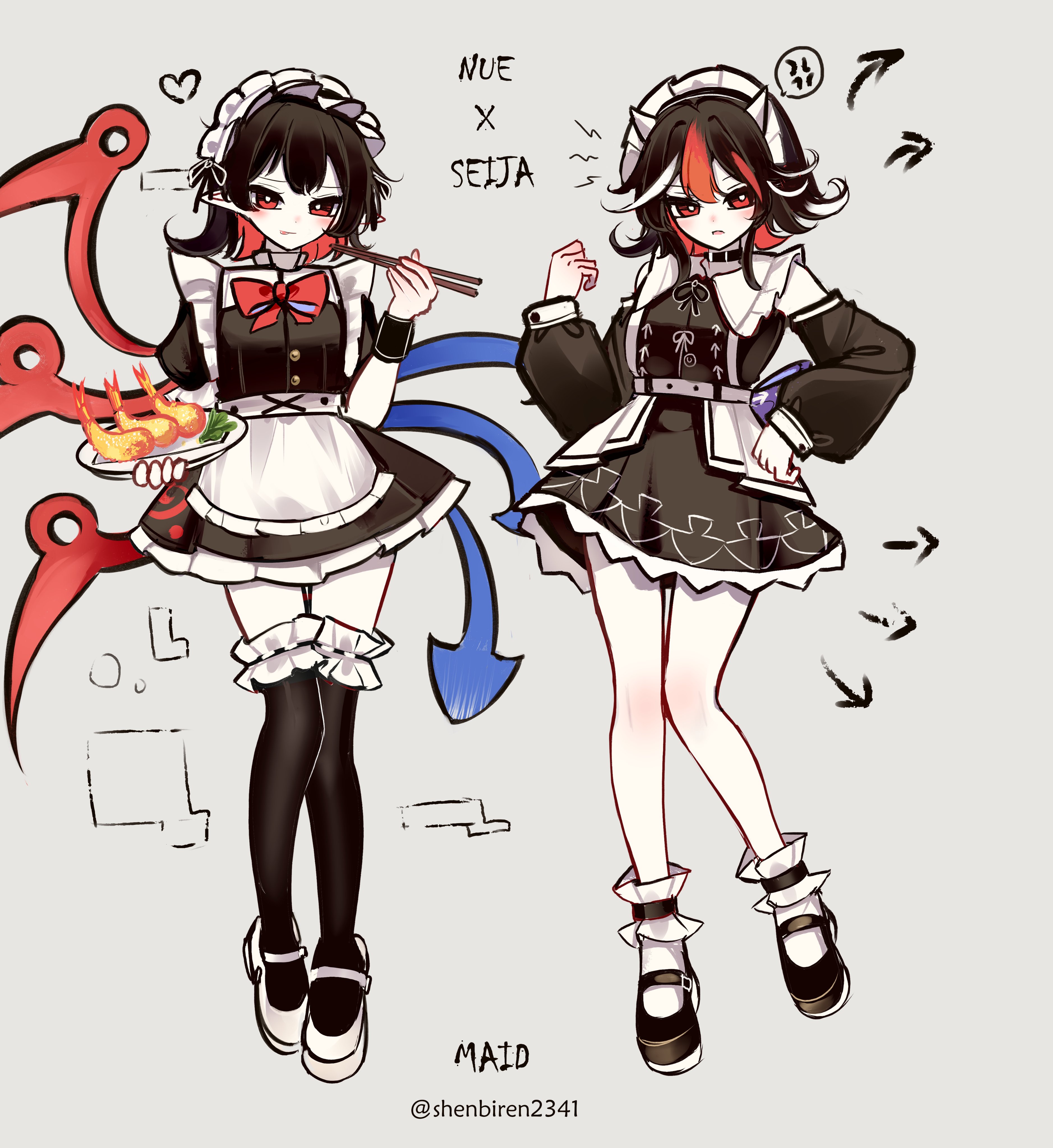 shen bi ren (user rjgy2824), houjuu nue, kijin seija, touhou, absurdres, commentary request, highres, 2girls, alternate costume, anger vein, apron, arm up, arrow (symbol), arrow print, asymmetrical wings, belt, black ankle cuffs, black choker, black hair, black shirt, black shoes, black thighhighs, black wrist cuffs, blush, bow, bowtie, choker, chopsticks, closed mouth, collar, curly hair, double-parted bangs, english text, enmaided, food, frilled anklet, frilled collar, frilled skirt, frilled thighhighs, frills, gold buttons, grey background, hair between eyes, hand on own hip, heart, holding, holding chopsticks, holding tray, horns, light smile, lightning bolt symbol, long sleeves, maid, maid apron, maid headdress, medium hair, multicolored hair, multiple girls, open mouth, pointy ears, puffy long sleeves, puffy short sleeves, puffy sleeves, red bow, red bowtie, red eyes, red hair, shirt, shoes, short sleeves, shrimp, shrimp tempura, simple background, skirt, speech bubble, spoken anger vein, streaked hair, tempura, thighhighs, tongue, tongue out, tray, twitter username, unconventional maid, v-shaped eyebrows, vest, white belt, white collar, white hair, white shoes, white vest, white wrist cuffs, wings, wrist cuffs, zettai ryouiki