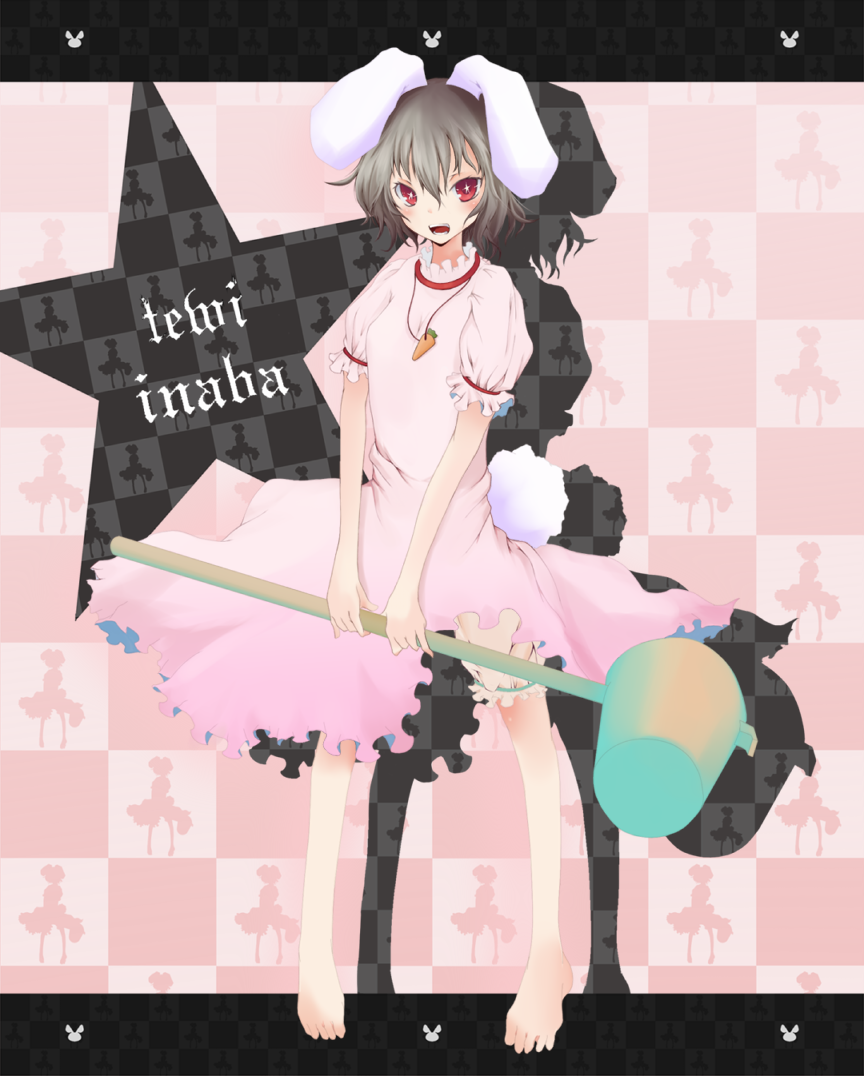 kereno, inaba tewi, touhou, bad id, bad pixiv id, 1girl, animal ears, barefoot, carrot, feet, female focus, full body, hammer, rabbit ears, red eyes, short hair, solo, standing