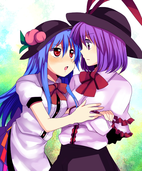 subaru (yachika), hinanawi tenshi, nagae iku, touhou, bad id, bad pixiv id, 2girls, blue hair, blush, female focus, food, fruit, hat, multiple girls, peach, purple hair, red eyes