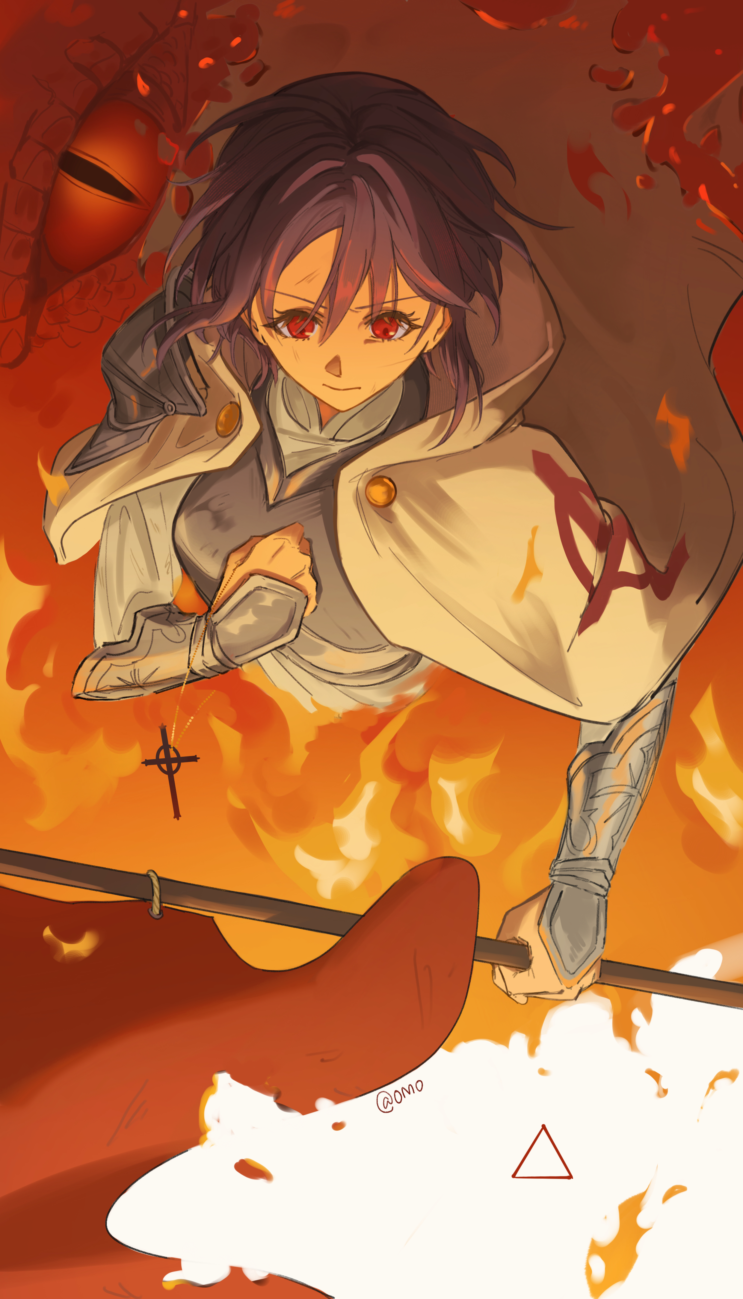omo cccc, yuutenji nyamu, bang dream!, bang dream! it's mygo!!!!!, absurdres, chinese commentary, commentary request, highres, 1girl, armor, cape, dragon, elemental fire symbol, fire, flag, flagpole, holding, holding flag, knight, purple hair, red eyes, short hair, slit pupils, solo, song name, white cape