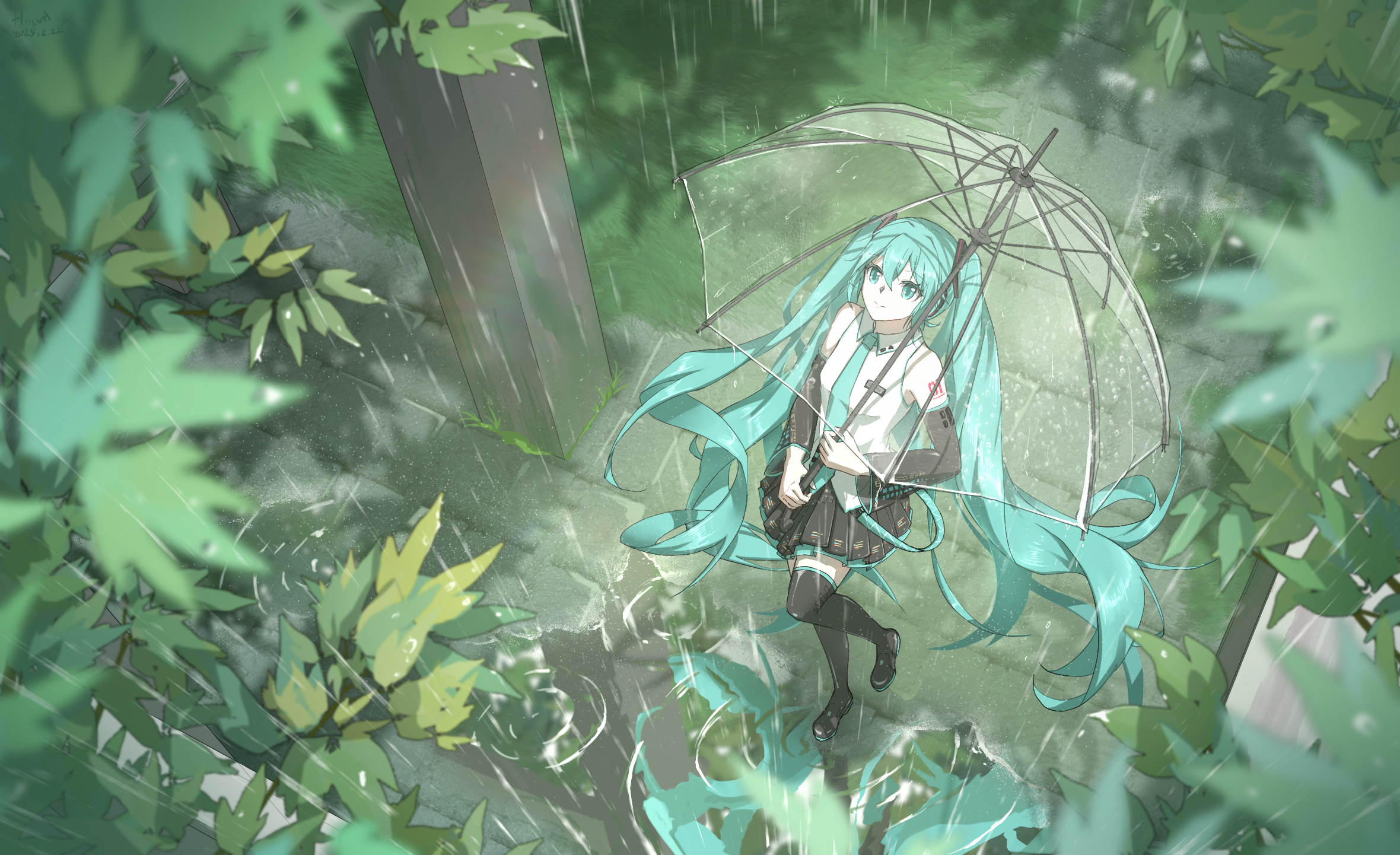 hsyenemy, hatsune miku, vocaloid, highres, 1girl, aqua eyes, aqua hair, aqua necktie, aqua trim, arm tattoo, black skirt, boots, closed mouth, collared shirt, detached sleeves, hair between eyes, hair ornament, holding, holding umbrella, leaf, long hair, long sleeves, looking up, necktie, number tattoo, pleated skirt, rain, shirt, skirt, sleeveless, sleeveless shirt, smile, solo, stairs, stone stairs, tattoo, thigh boots, transparent, transparent umbrella, umbrella, very long hair, white shirt, wide sleeves