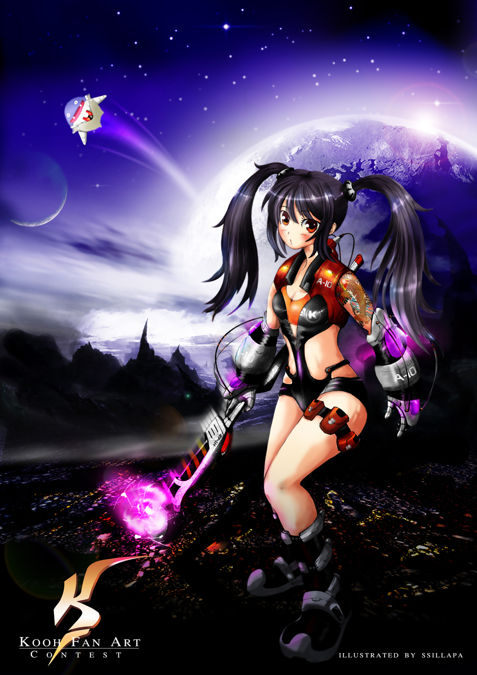 dolfini (pangya), kooh (pangya), pangya, highres, 1girl, armor, black hair, earth (planet), female focus, long hair, moon, planet, red eyes, solo, space, tattoo, twintails