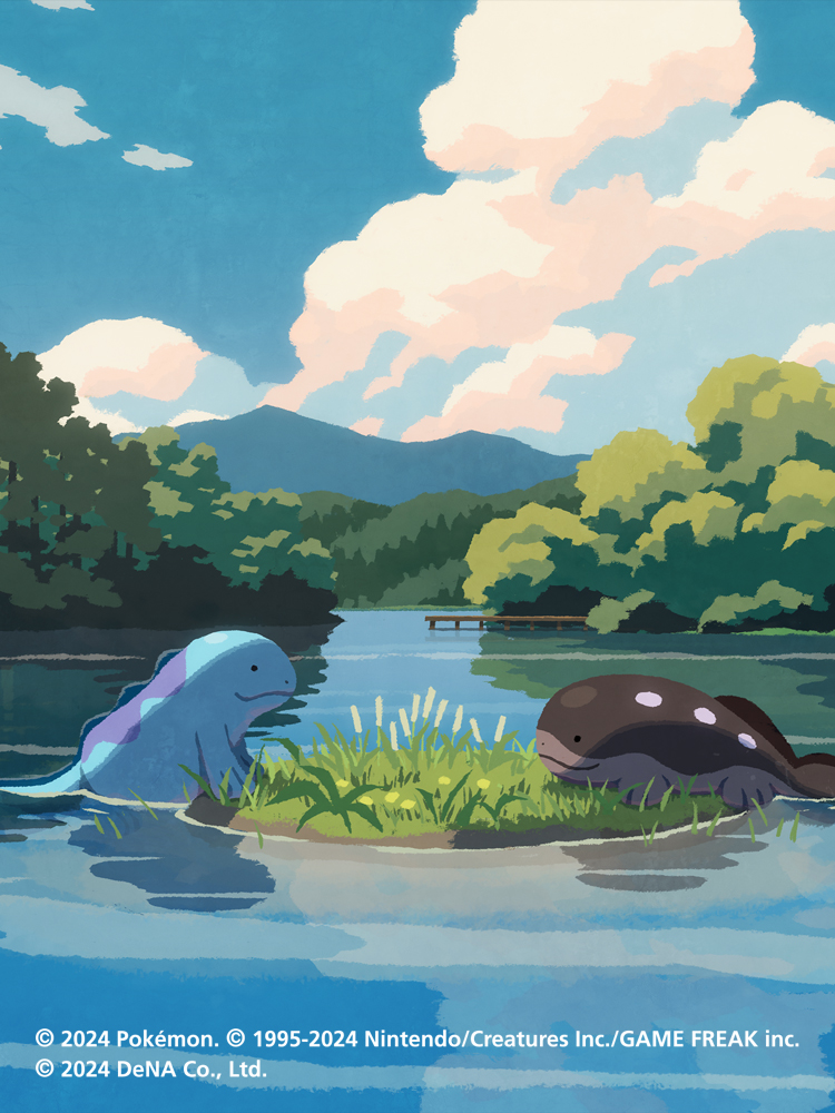 hyogonosuke, clodsire, quagsire, nintendo, pokemon, pokemon tcg, pokemon tcg pocket, commentary request, . ., blue sky, closed mouth, cloud, company name, copyright name, copyright notice, day, dock, from side, gen 2 pokemon, grass, no humans, outdoors, pokemon (creature), pokemon focus, sky, smile, tree, water