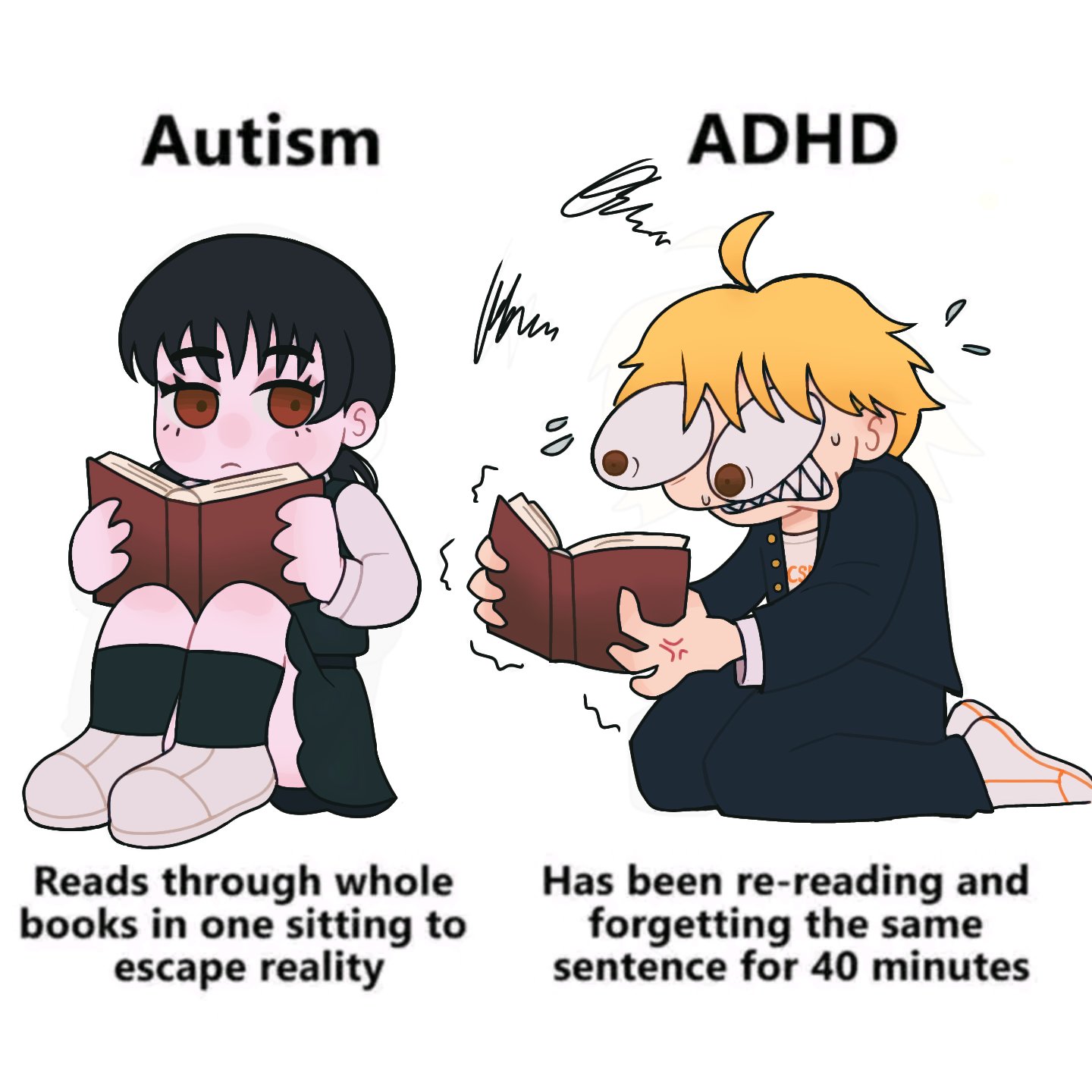bubblemunne, denji (chainsaw man), mitaka asa, chainsaw man, commentary, hashtag-only commentary, highres, 1boy, 1girl, ahoge, anger vein, black dress, black hair, black socks, blonde hair, book, brown eyes, bulging eyes, clenched teeth, dress, english text, eye pop, flying sweatdrops, frown, gakuran, holding, holding book, low twintails, pinafore dress, reading, school uniform, sharp teeth, shoes, sitting, sleeveless, sleeveless dress, socks, squiggle, teeth, twintails, wariza, white shoes