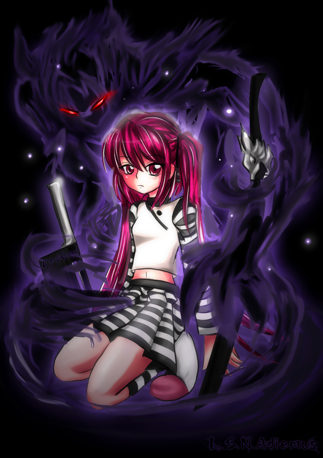 kooh (pangya), pangya, striped, highres, dark, kneeling, long hair, midriff, red eyes, red hair, skirt, solo, sword, twintails, weapon