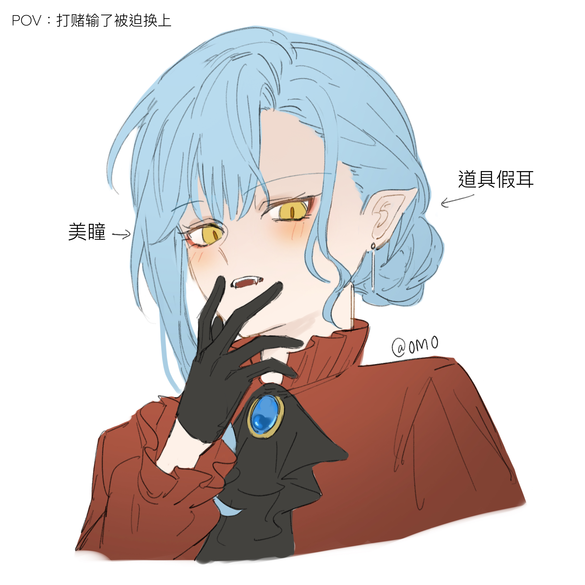 omo cccc, oblivionis (bang dream!), togawa sakiko, bang dream!, bang dream! it's mygo!!!!!, chinese commentary, commentary request, highres, translation request, 1girl, black gloves, blue hair, blush, chinese text, fangs, gloves, hair bun, medium hair, open mouth, red shirt, shirt, simple background, single hair bun, single sidelock, solo, upper body, vampire, white background, yellow eyes