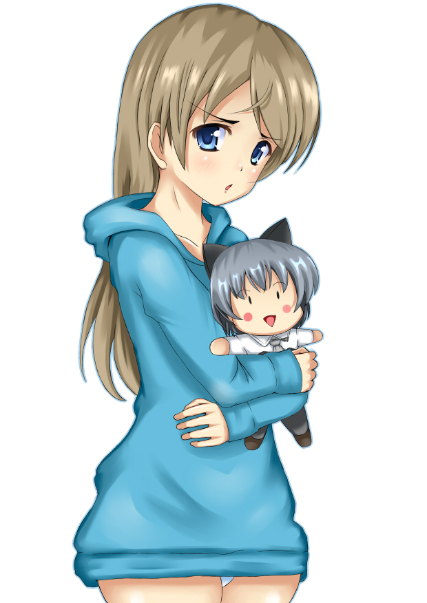 eila ilmatar juutilainen, sanya v. litvyak, strike witches, world witches series, silver hair, bad id, bad pixiv id, 00s, 1girl, blonde hair, blue eyes, blush, character doll, doll, female focus, hood, hoodie, long hair, no pants, official alternate costume, pantyhose, short hair, solo