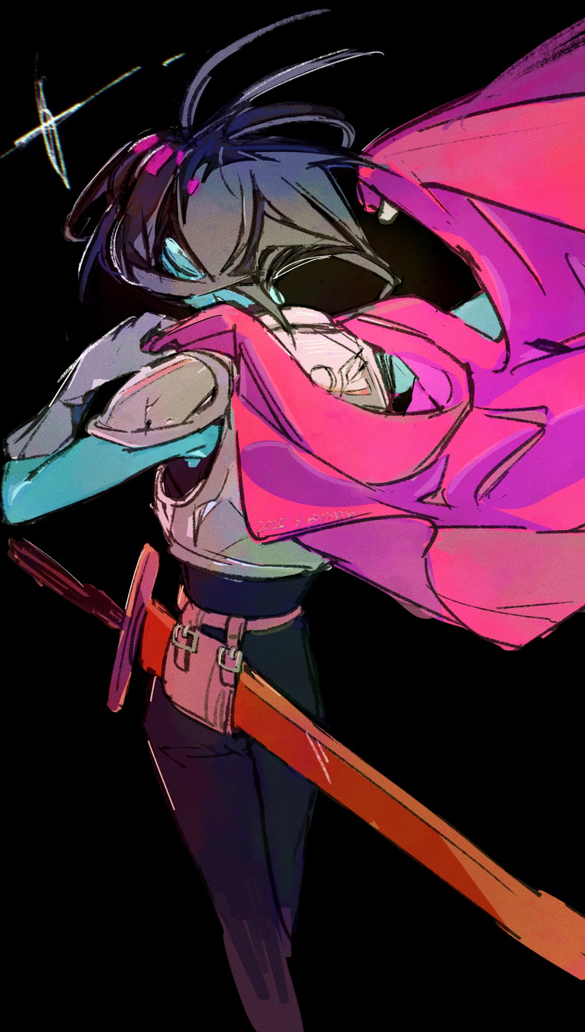 noppo (nopon), kris (dark world) (deltarune), kris (deltarune), deltarune, utdr (toby fox), commentary, english commentary, highres, 1other, armor, armored gloves, belt, black background, black bodysuit, black hair, blue skin, bodysuit, chromatic aberration, colored skin, cowboy shot, elbow gloves, film grain, gloves, grey armor, grey gloves, hand up, other focus, pink scarf, scarf, short hair, shoulder armor, simple background, sleeveless, sleeveless bodysuit, solo, sparkle, standing, sword, weapon, white belt, wind