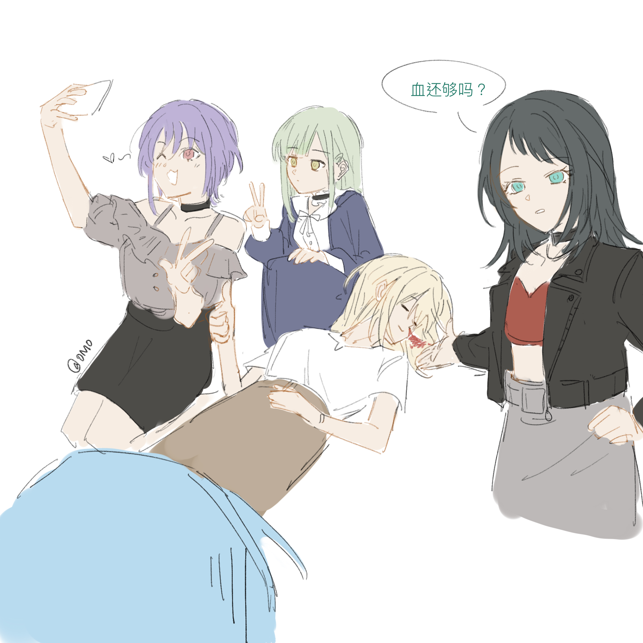 omo cccc, misumi uika, togawa sakiko, wakaba mutsumi, yahata umiri, yuutenji nyamu, ave mujica (bang dream!), bang dream!, bang dream! it's mygo!!!!!, chinese commentary, commentary request, highres, 5girls, aroused nosebleed, black choker, black hair, black jacket, black skirt, blonde hair, blood, blue dress, blue eyes, blue hair, breasts, choker, closed eyes, crop top, dress, frilled choker, frilled shirt, frills, green hair, grey shirt, grey skirt, hair ornament, hairclip, jacket, long sleeves, medium breasts, medium hair, multiple girls, nosebleed, off-shoulder shirt, off shoulder, pink eyes, purple hair, red shirt, selfie, shirt, short hair, short sleeves, sidelocks, simple background, skirt, thumbs up, v, white background, white shirt, yellow eyes