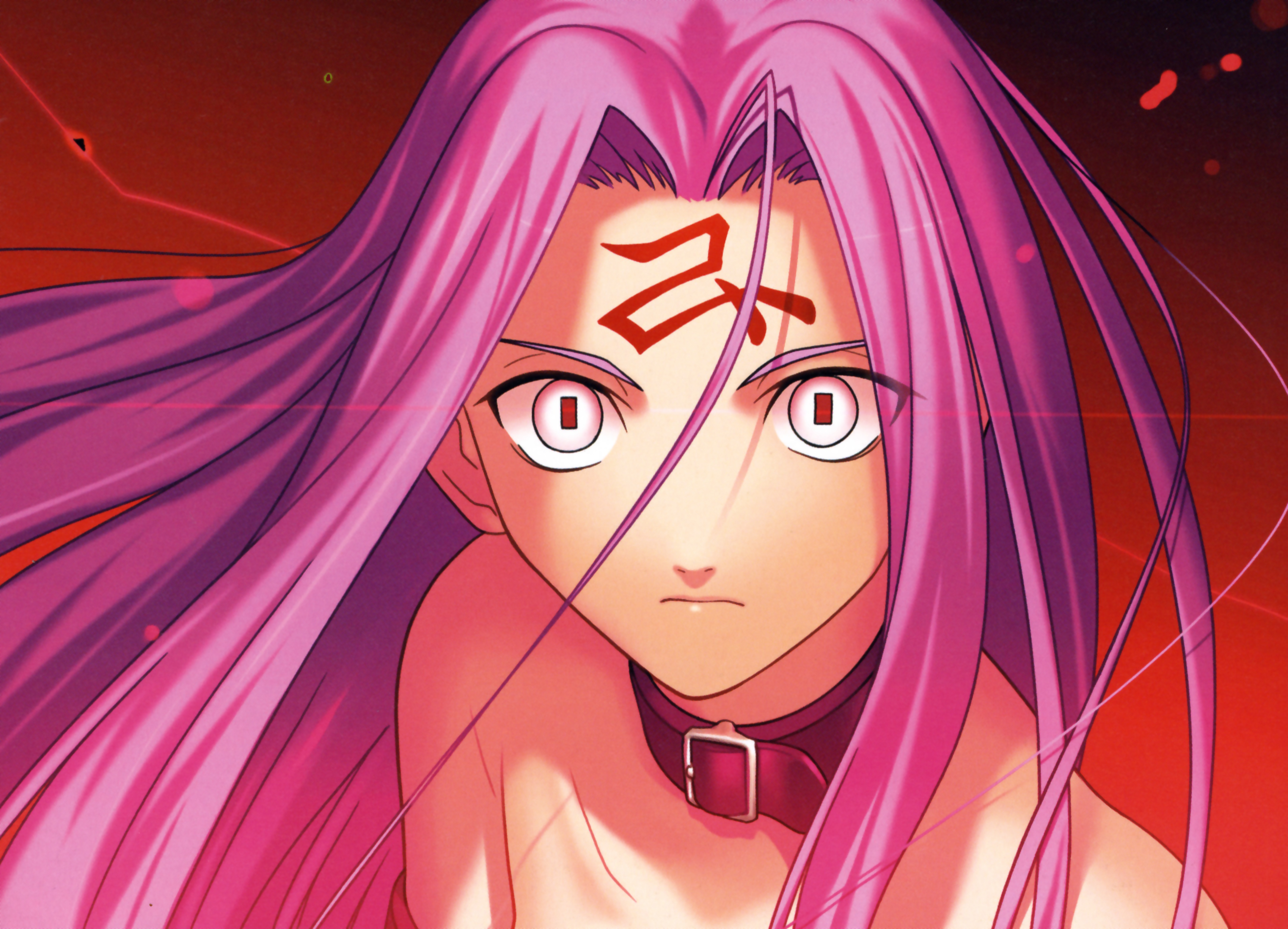 takeuchi takashi, medusa (fate), medusa (rider) (fate), fate/stay night, fate (series), absurdres, highres, official art, 00s, 1girl, collar, female focus, pink eyes, purple eyes, purple hair, solo, square pupils, staring, tattoo