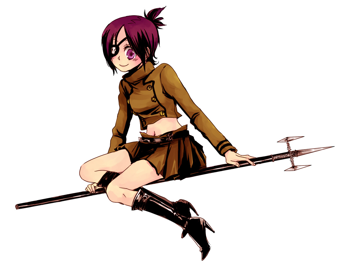 akieru nomaki, chrome dokuro, katekyo hitman reborn!, bad id, bad pixiv id, 00s, 1girl, boots, eyepatch, female focus, high heel boots, high heels, purple hair, simple background, skirt, smile, solo, staff, white background