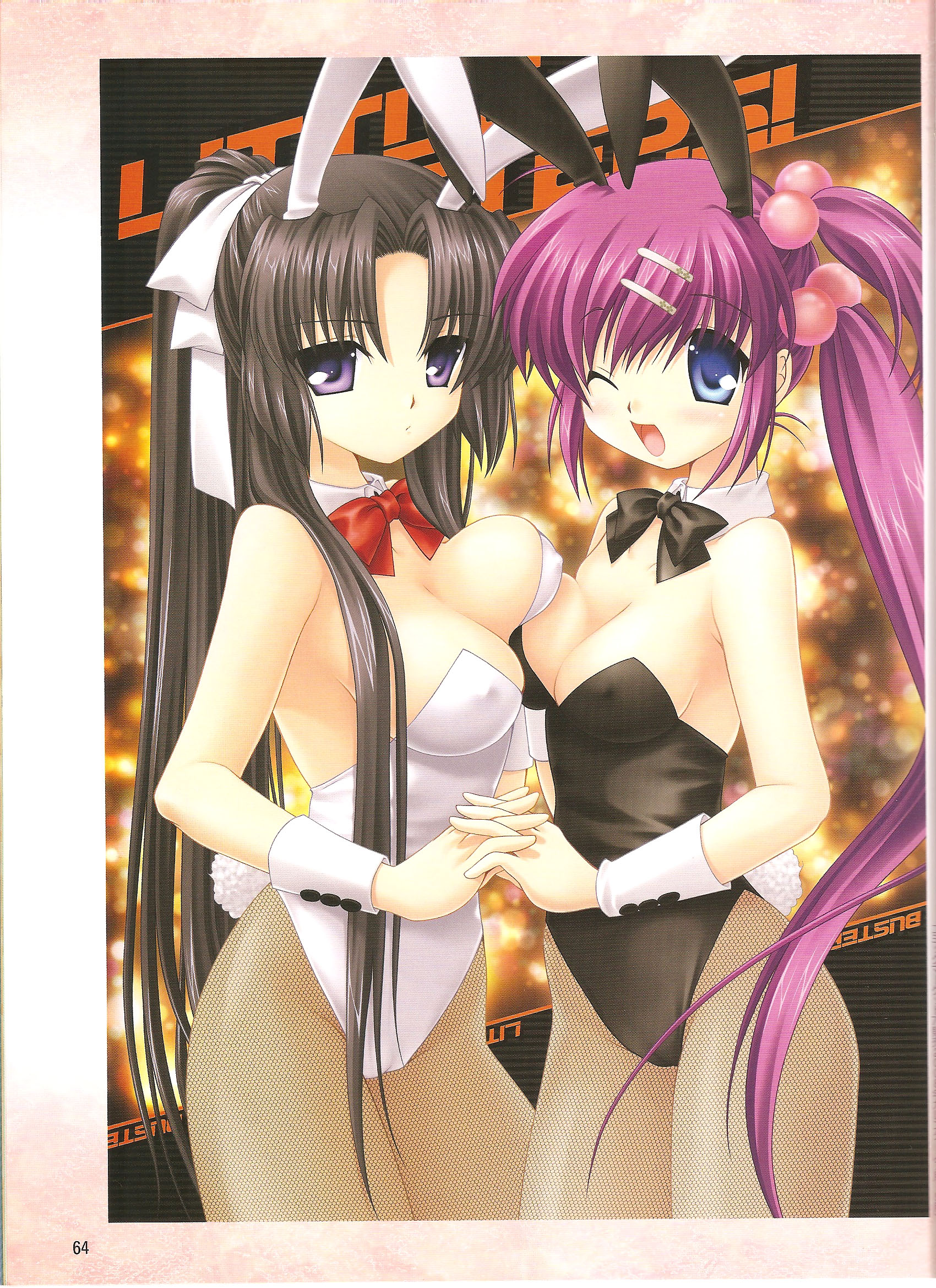 hinoue itaru, kurugaya yuiko, saigusa haruka, little busters!, highres, official art, 2girls, animal ears, black hair, blue eyes, blush, breast press, breasts, cameltoe, cleavage, covered erect nipples, fake animal ears, fishnet pantyhose, fishnets, holding hands, large breasts, long hair, multiple girls, one eye closed, pantyhose, playboy bunny, ponytail, purple eyes, purple hair, rabbit ears, side ponytail, symmetrical docking, wink