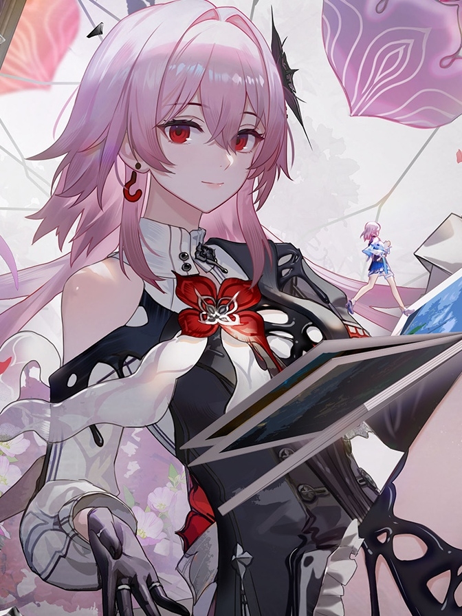 zuozhan xing59, evernight (honkai: star rail), march 7th (honkai: star rail), march 7th (preservation) (honkai: star rail), honkai: star rail, honkai (series), 1girl, black dress, black gloves, book, dress, gloves, long hair, long sleeves, looking at viewer, official alternate costume, official alternate eye color, official alternate hair length, official alternate hairstyle, open book, pink hair, red eyes, single bare shoulder, solo, very long hair