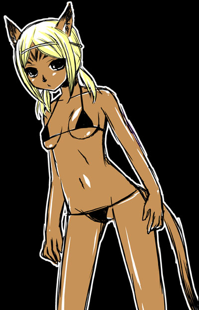 miromu, mithra (ff11), final fantasy, final fantasy xi, 00s, 1girl, animal ears, bikini, black bikini, blonde hair, circlet, dark-skinned female, dark skin, female focus, lowleg, lowleg bikini, short hair, simple background, solo, swimsuit, tail