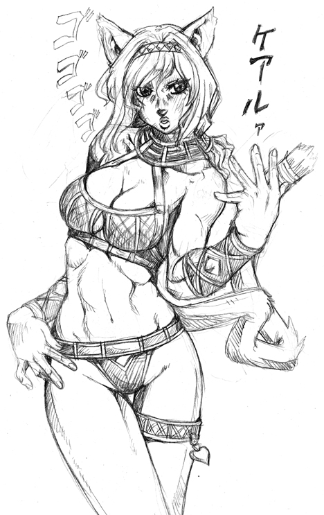gochou (kedama), mithra (ff11), final fantasy, final fantasy xi, jojo no kimyou na bouken, 1girl, animal ears, araki hirohiko (style), bra, female focus, greyscale, lingerie, monochrome, muscular, panties, parody, short hair, solo, style parody, tail, underwear