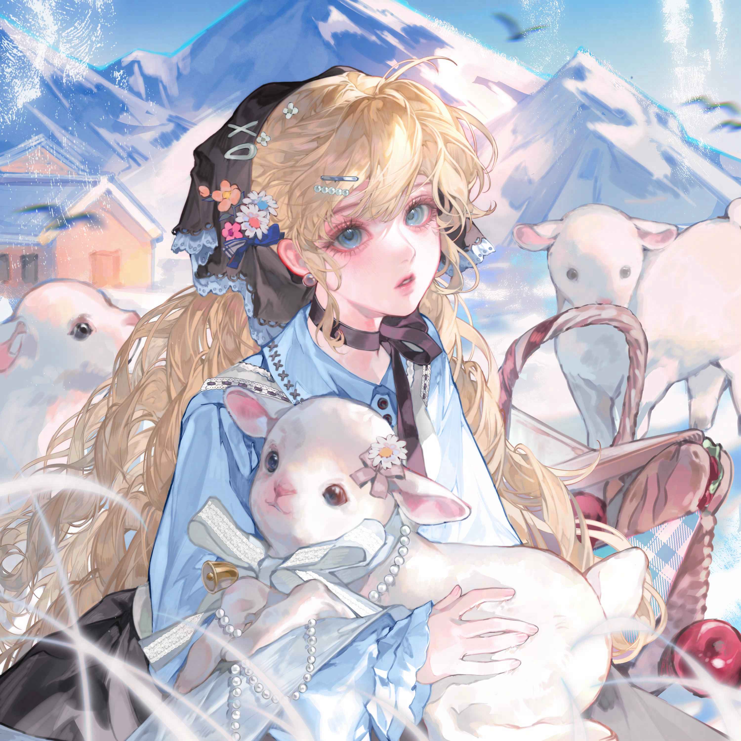 tai01, original, absurdres, highres, large variant set, variant set, 1girl, animal, blonde hair, blue eyes, choker, day, earrings, flower, hair ornament, hairclip, headscarf, holding, holding animal, jewelry, long hair, long sleeves, looking at viewer, mountain, outdoors, parted lips, rabbit, shirt, snow, solo