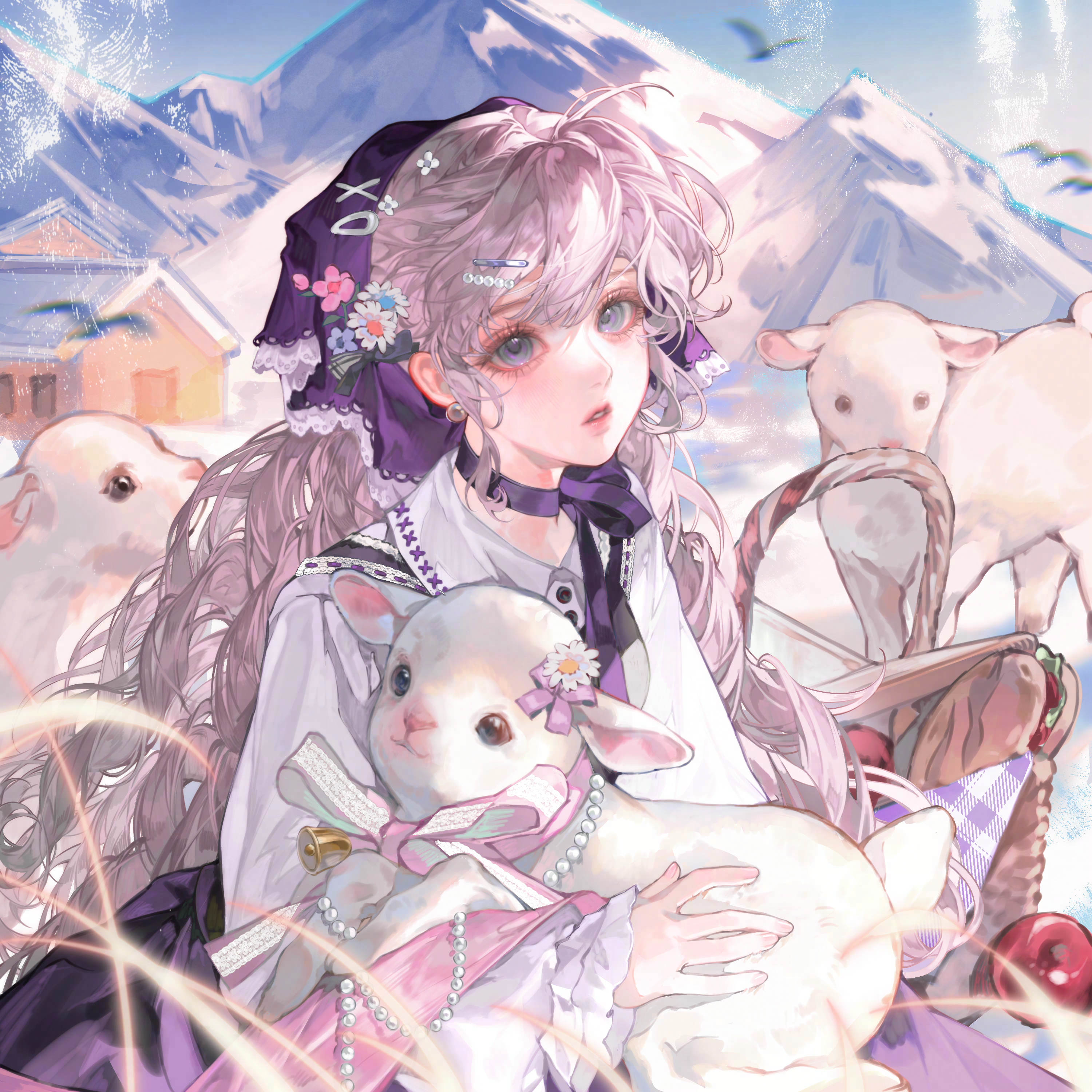tai01, original, absurdres, highres, large variant set, variant set, 1girl, animal, basket, blue eyes, choker, day, earrings, flower, food, fruit, hair ornament, hairclip, holding, holding animal, jewelry, long hair, long sleeves, looking at viewer, mountain, outdoors, parted lips, purple choker, rabbit, shirt, solo, very long hair, white shirt